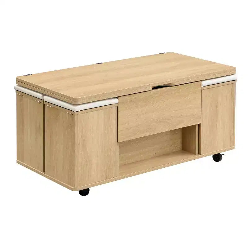 Multifunktionaler moderner Couchtisch mit Hebefunktion, verstecktem Stauraum, 4 Hockern und Rollen, perfekt für moderne Wohnbereiche