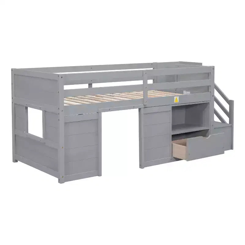 Okak Massivholz-Hochbett mit Treppe & Stauraum, Niedriges Etagenbett mit Schubladen & Regalen, Multifunktionales Hochbett für Kinder, Jugendliche