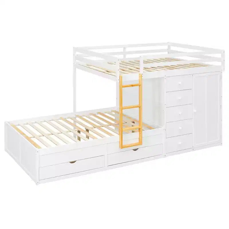 Etagenbett „Full-over-Full“ mit Kleiderschrank und Schubladen, platzsparendes Etagenbett aus Holz in voller Größe mit Rausfallschutz für Apartment, Schlafzimmer
