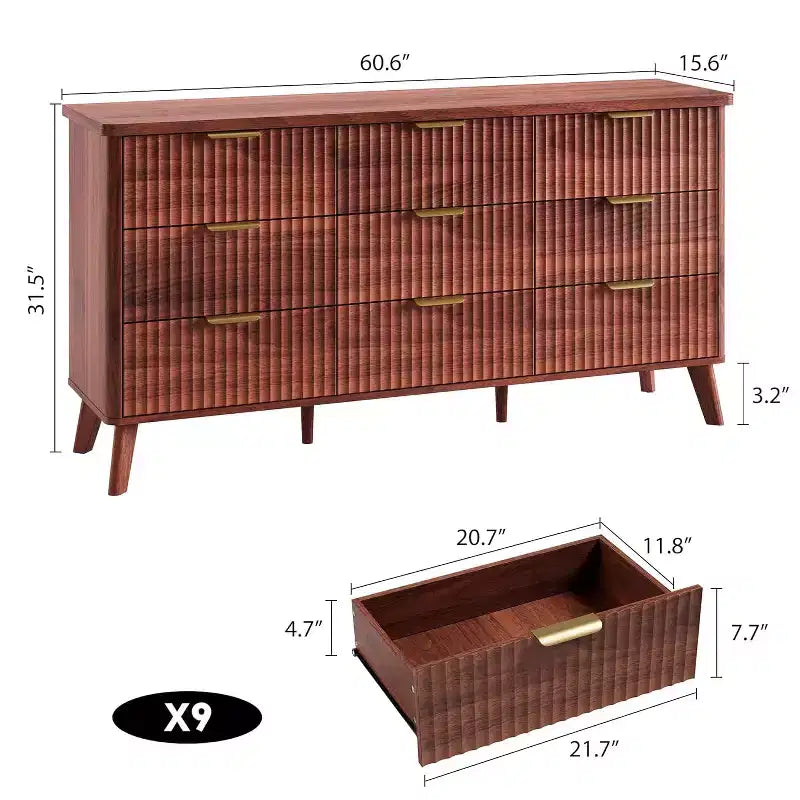Kommode mit 9 Schubladen, gerillt, moderne Kommode, Holzkommode als TV-Ständer, geschwungenes Profil, für Wohnzimmer, Flur