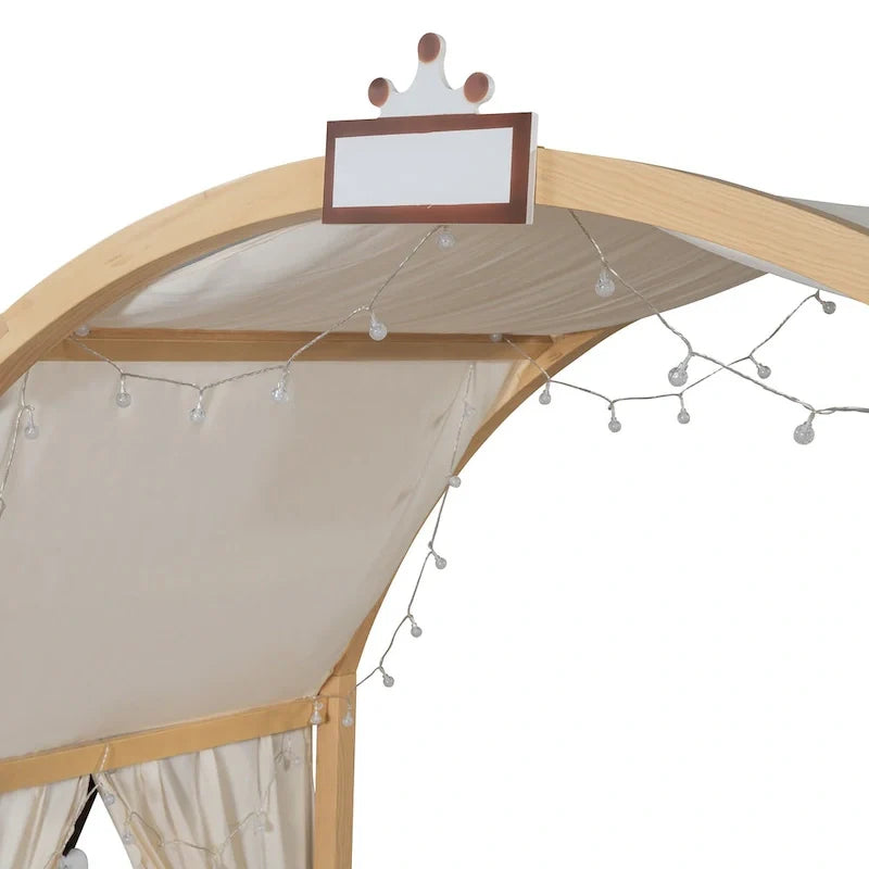 Massivholz-Spielhaus-Plattformbett, Montessori-Bettrahmen mit gewölbtem Dach und Ausziehbett für Mädchen und Jungen