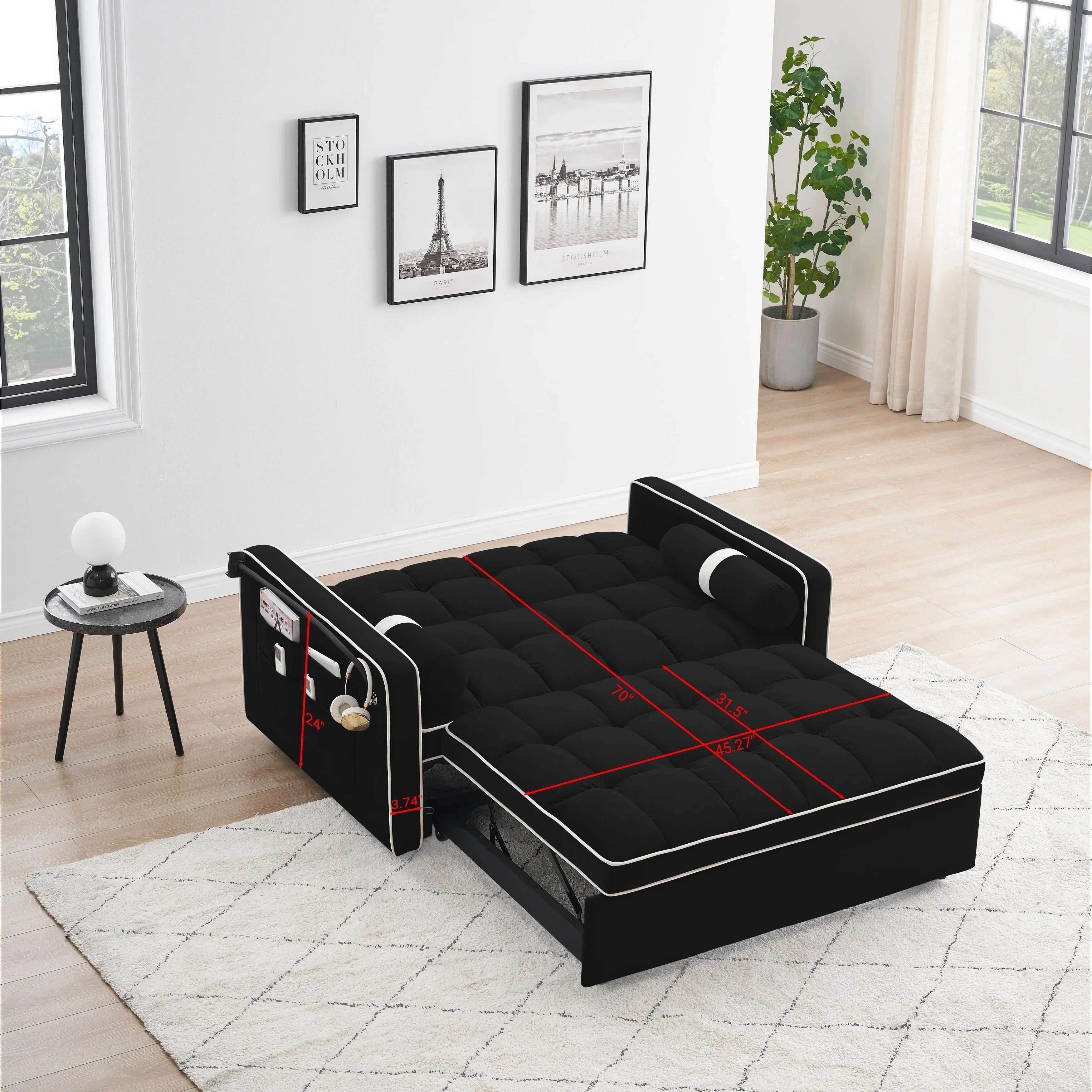 Samt-Schlafsofa zum Umbauen, 140 cm, 2-Sitzer, mit Ausziehbett, verstellbarer Rückenlehne, Seitentaschen und Handyhalterung