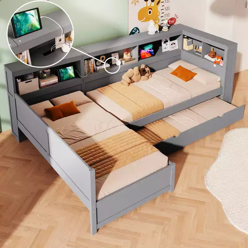 L-förmiges Plattformbett in Twin-Größe mit Rollbett und Ladestation, Holzbettgestell mit Bücherregal