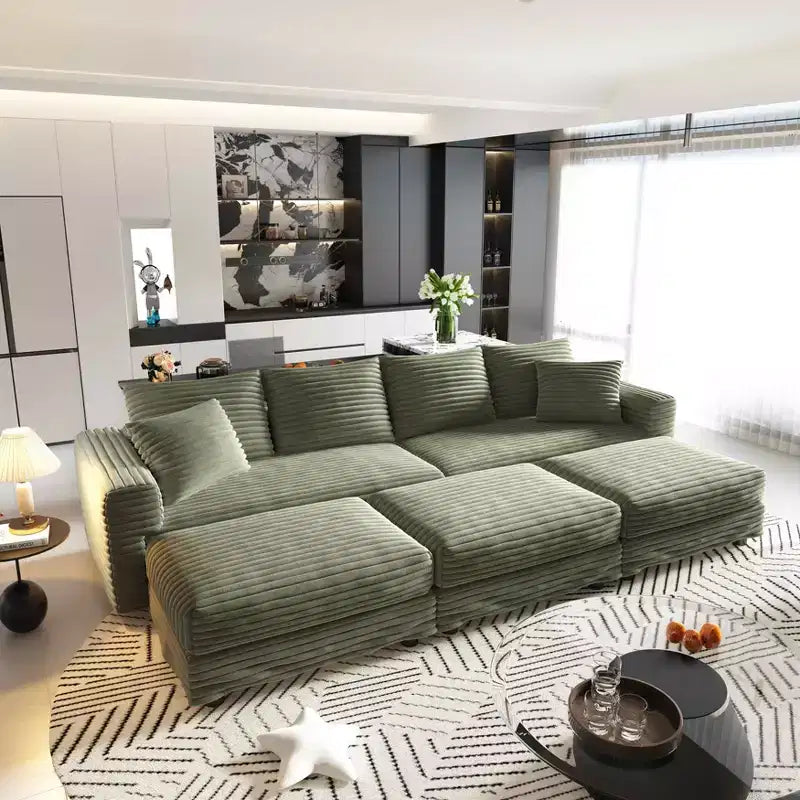 102,4 Plüsch-Cord-Schlafsofa für 4 Personen mit Hockern – Grün