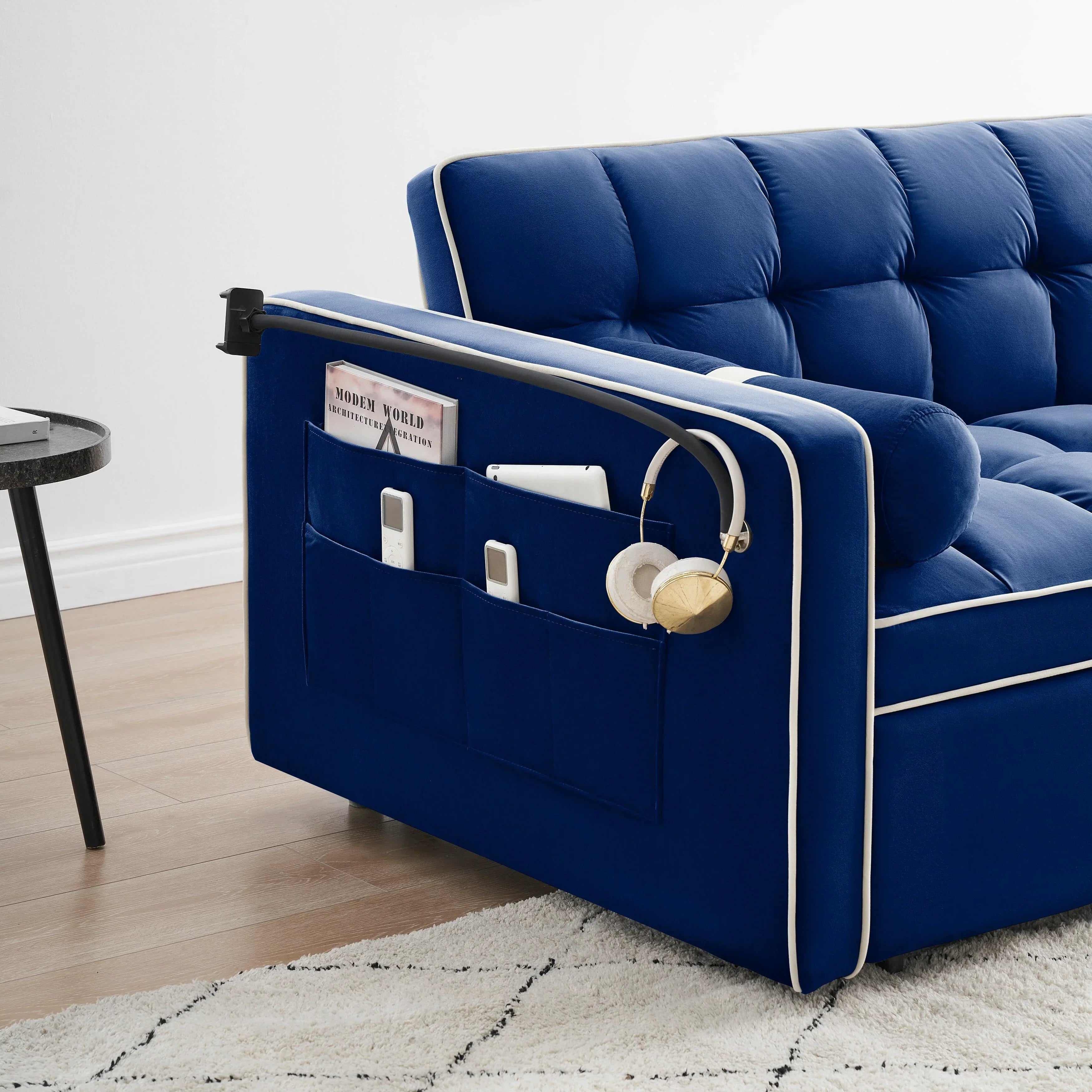 Samt-Schlafsofa zum Umbauen, 140 cm, 2-Sitzer, mit Ausziehbett, verstellbarer Rückenlehne, Seitentaschen und Handyhalterung