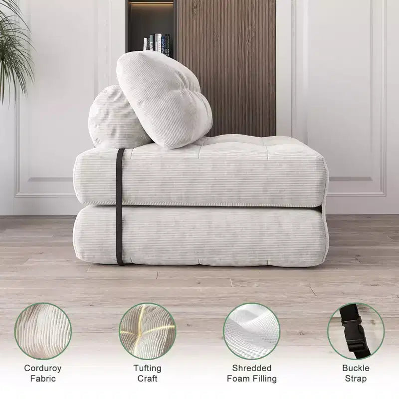 Klappbares Cord-Schlafsofa Futon, wandelbarer Bodenschlafsessel mit Kissen & Rückenlehne