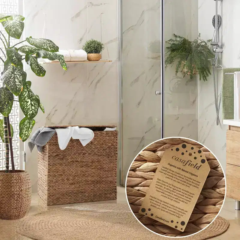 Casafield Wäschekorb mit 2 Fächern, Deckel und herausnehmbaren Wäschesäcken, Wäschekorbsortierer aus Wasserhyazinthe für Kleidung