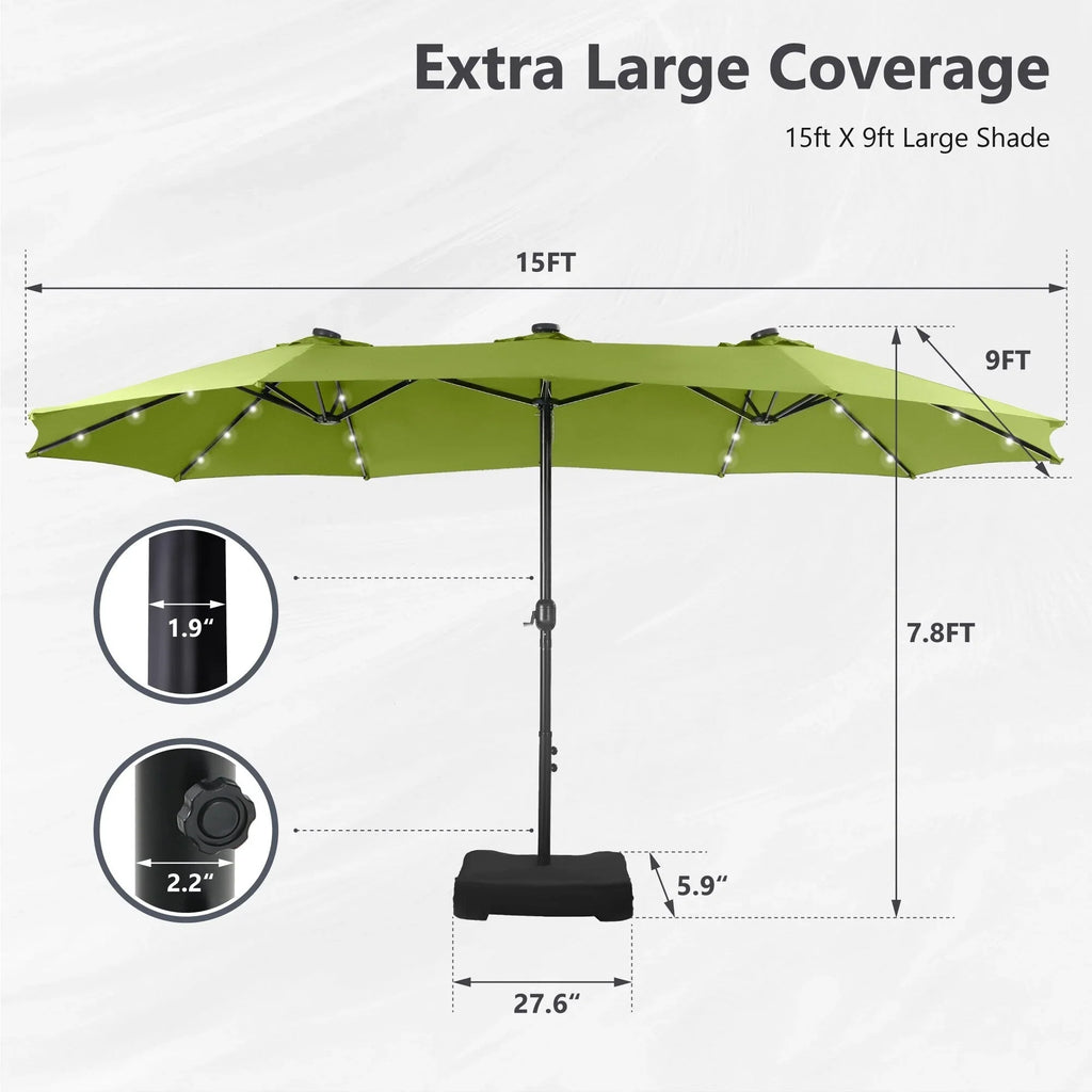 MAISON ARTS 4,5 m rechteckiger Kurbel-Doppelseiten-Sonnenschirm für den Außenbereich, solarbetriebener LED-Terrassenschirm mit Sockel