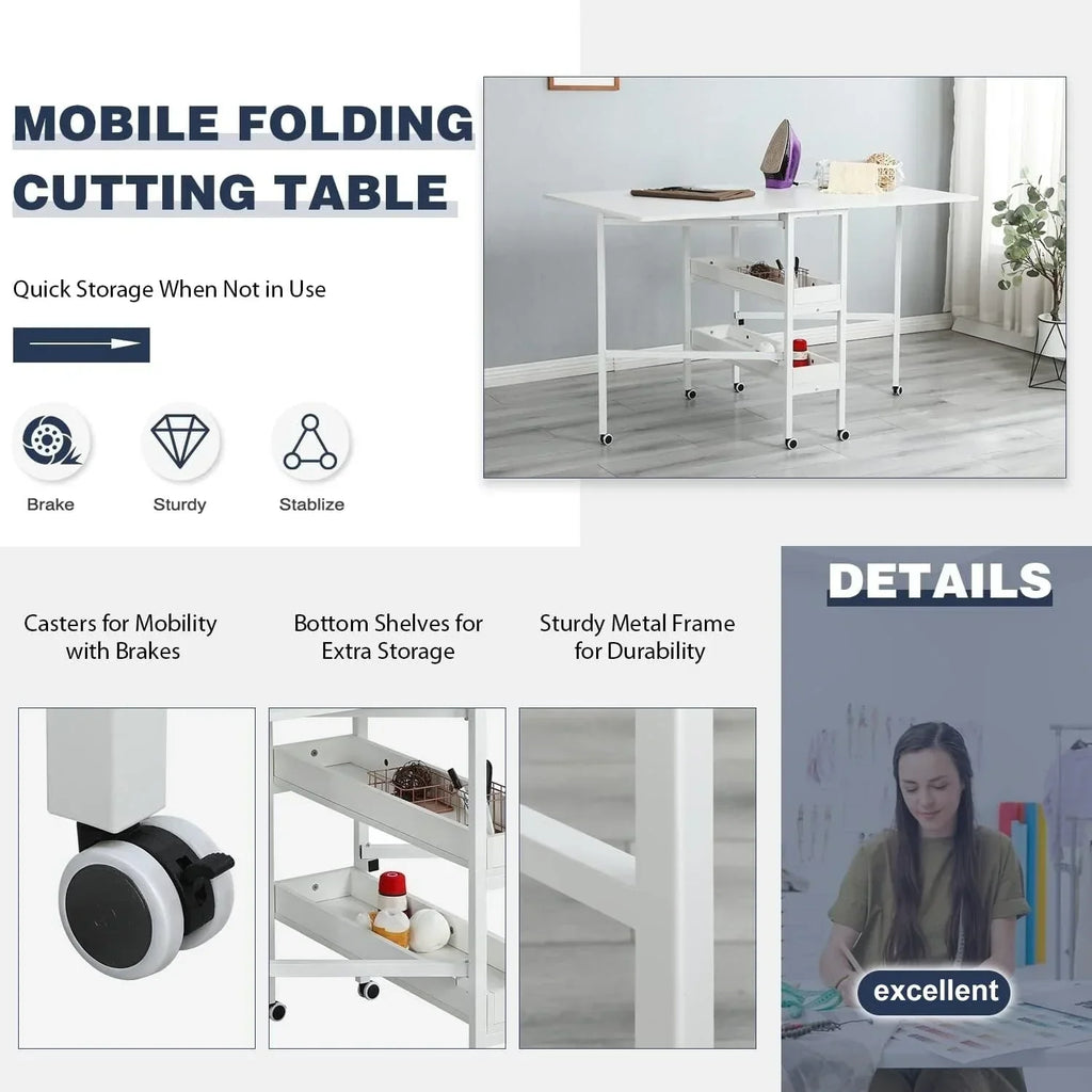 Höhenverstellbarer Basteltisch mit Ablagefächern, mobiler klappbarer Zuschneidetisch für Heimbüro, Nähzimmer, Bastelzimmer