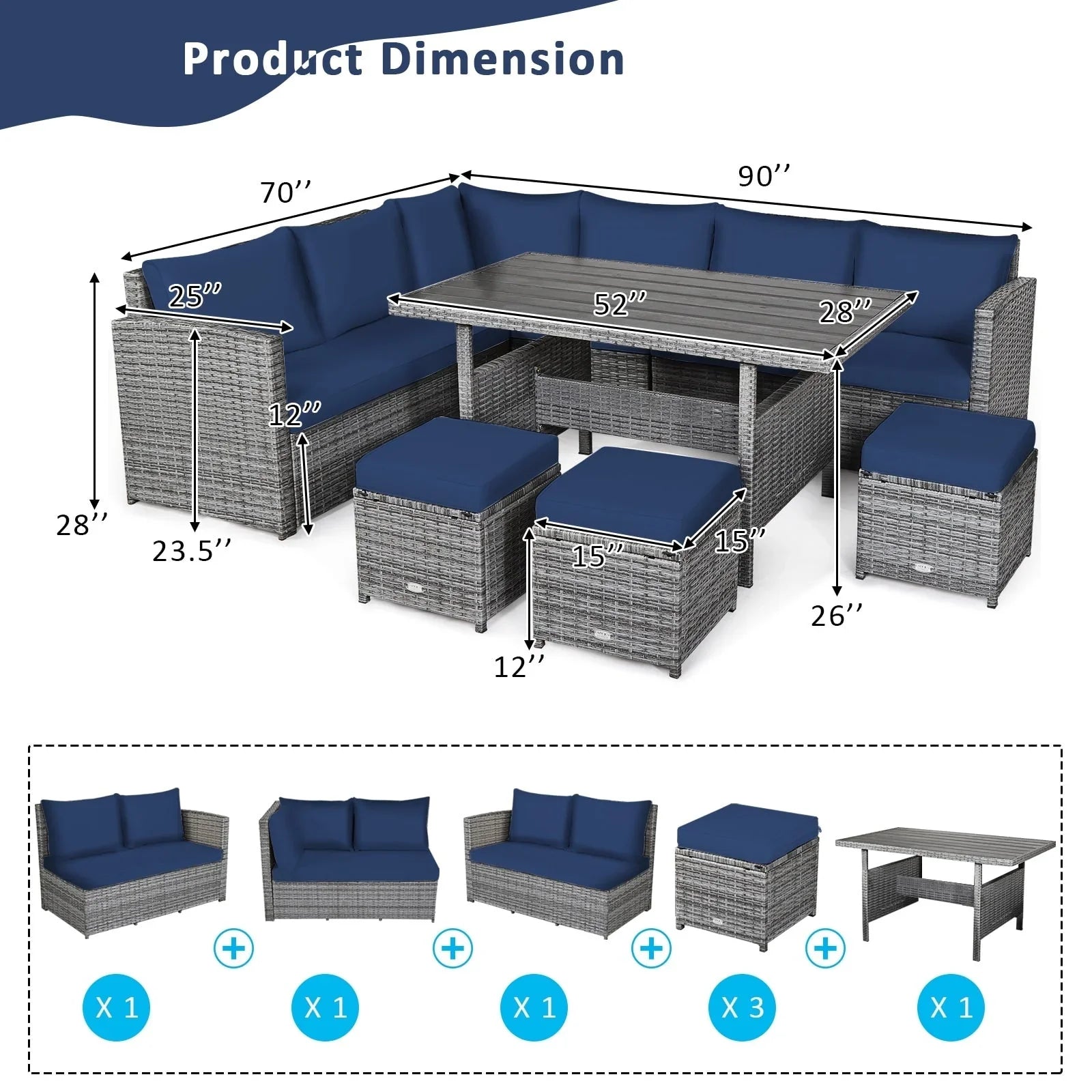 Costway 7-teiliges Terrassen-Essgruppe Rattan-Sofa Couch Ottomane – Details ansehen