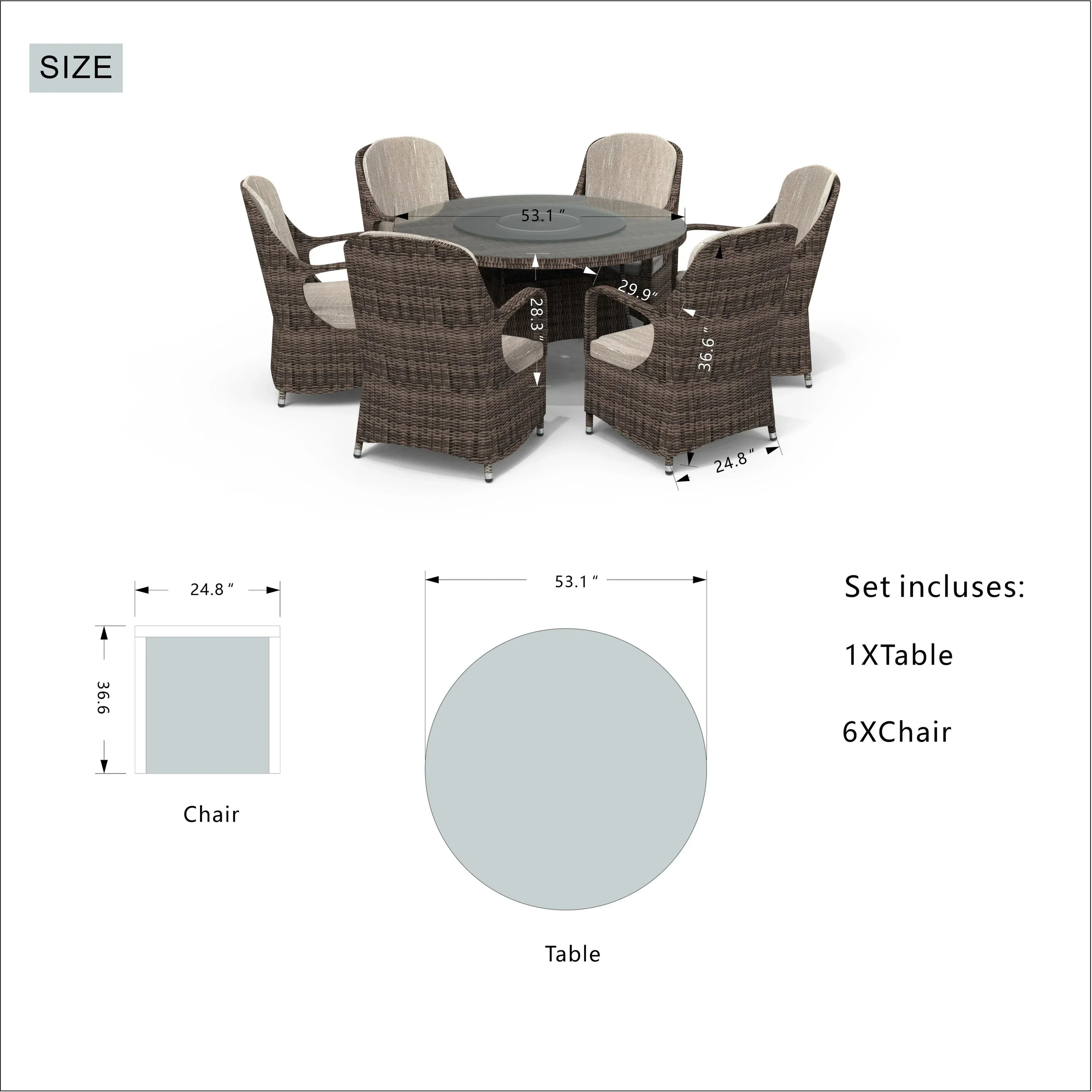 7-teiliges Garten-Essgruppe aus Rattan mit runden Kissen von Moda Furnishings
