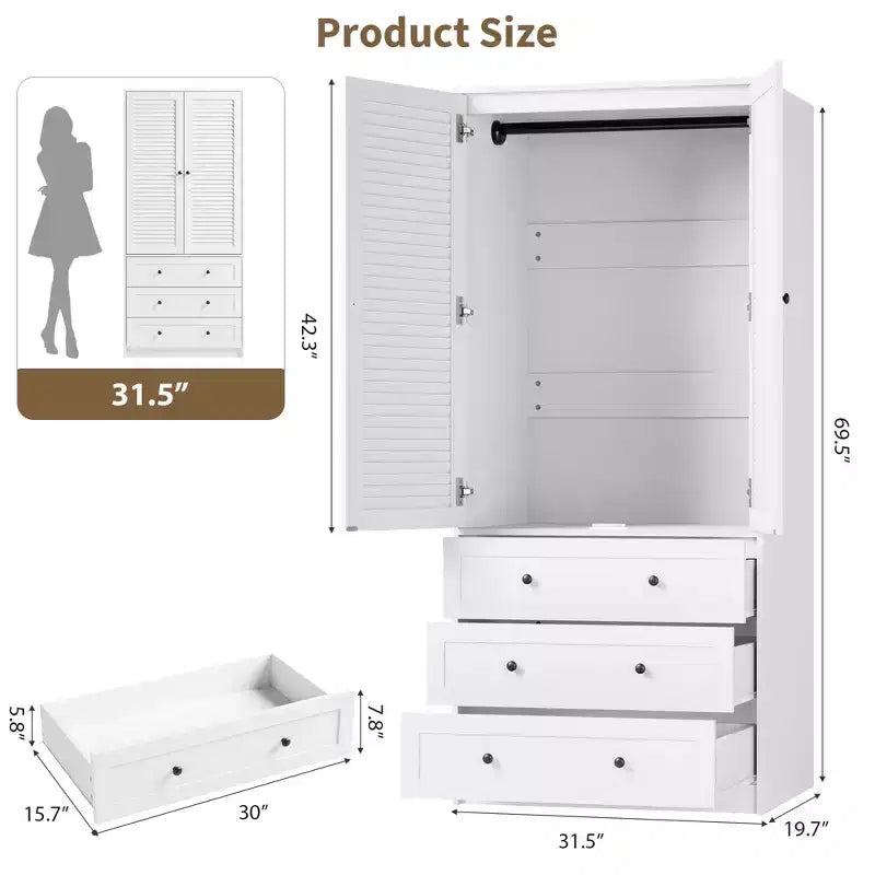COZONY Kleiderschrank mit 3 Schubladen und 2 Türen, moderner Holzschrank für Schlafzimmer, robuster weißer Stehschrank