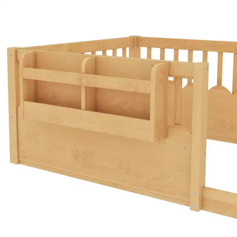Bellemave Kinder-Bodenbett mit erhöhtem Zaun und Bücherregal, hölzernes Montessori-Bettgestell in Twin-Größe für Mädchen und Jungen