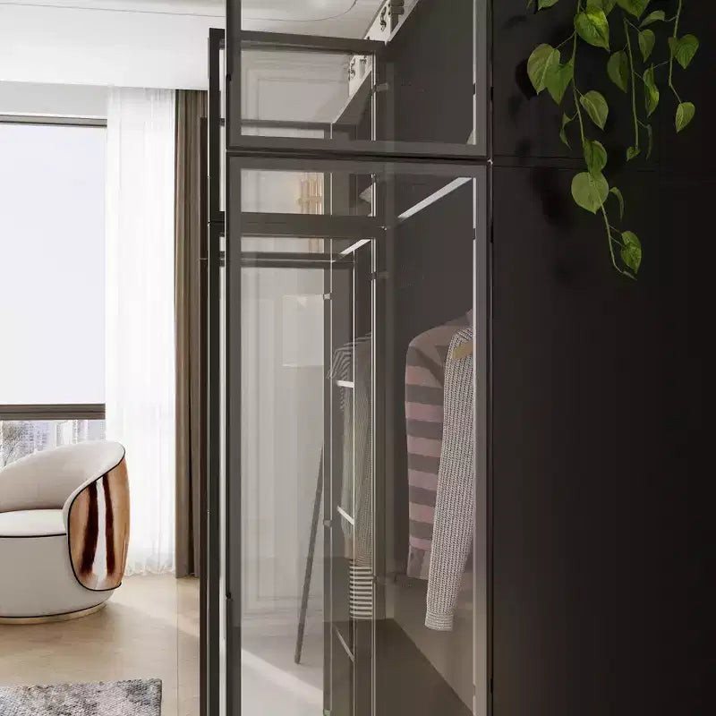 Hitow Pure Black Luxus-Kleiderschrank mit Türen aus gehärtetem Glas, 3-Farben-LED-Beleuchtung, vom Boden bis zur Decke reichender Schlafzimmerschrank-Organizer, Ankleidezimmerschrank