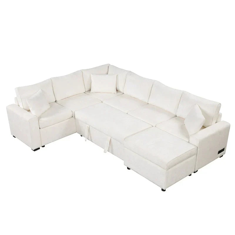 Chenille Ecksofa mit Ausziehfunktion, L-förmiges Schlafsofa mit Stauraum-Ottomane, 3 Kissen und Ladevorrichtungen