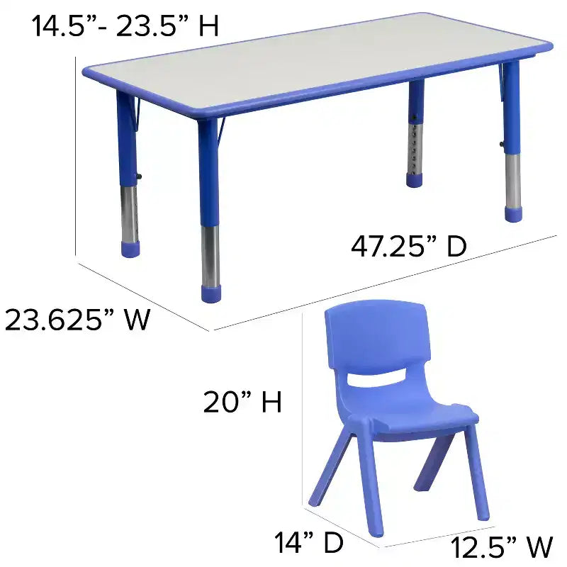 Emma and Oliver 23.625B x 47.25L Rechteckiger höhenverstellbarer Aktivitätstisch aus Kunststoff mit 6 Stühlen