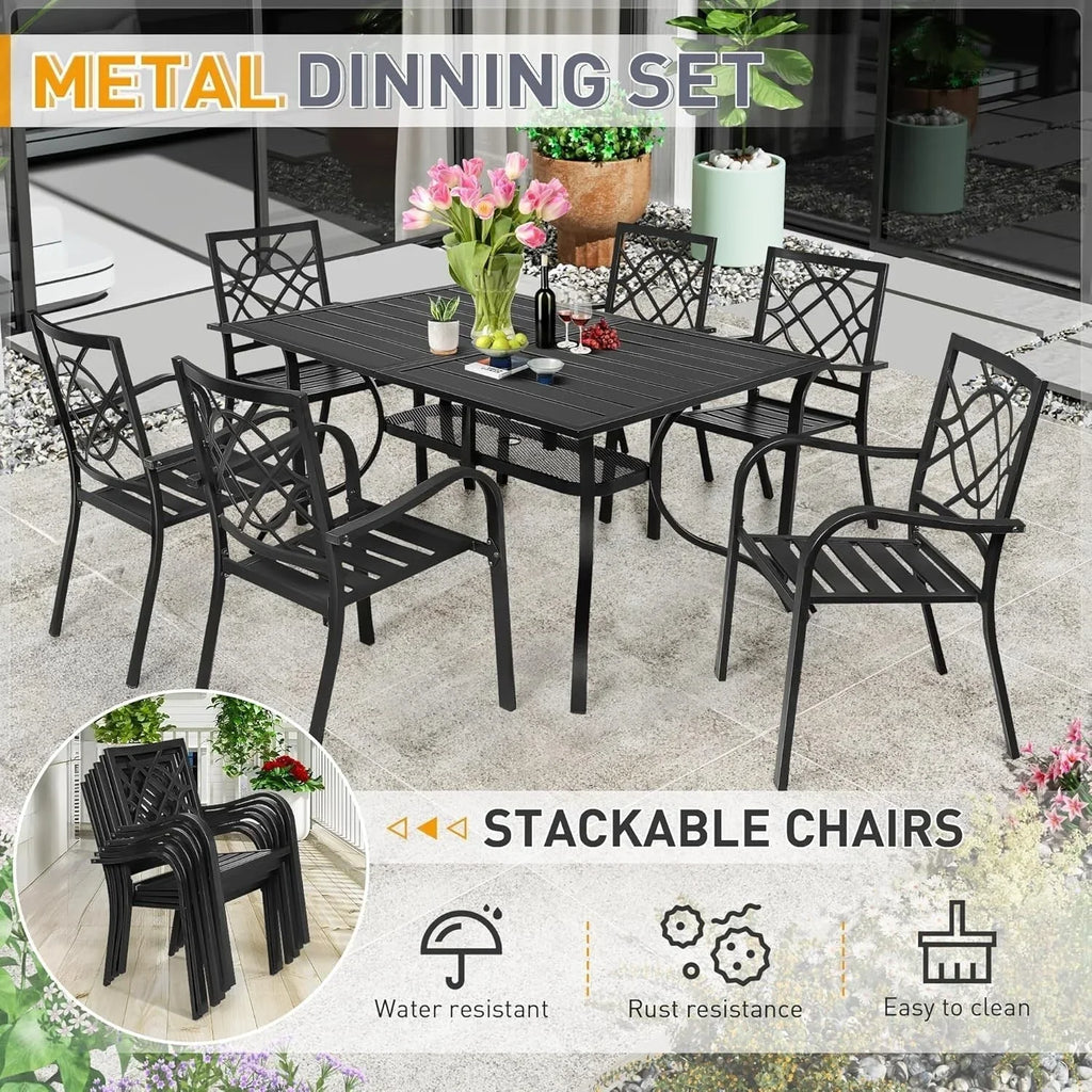 SUNCROWN Garten-Essgruppe 5/7-teilig, Stahl, Tisch mit Metalllatten und stapelbaren Stühlen, pulverbeschichteter Rahmen