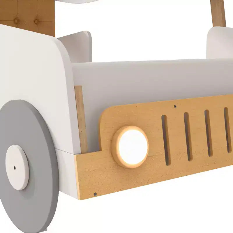 Whisen Holzauto-Bett mit Kissen, Himmelsstoff und LED – Natur