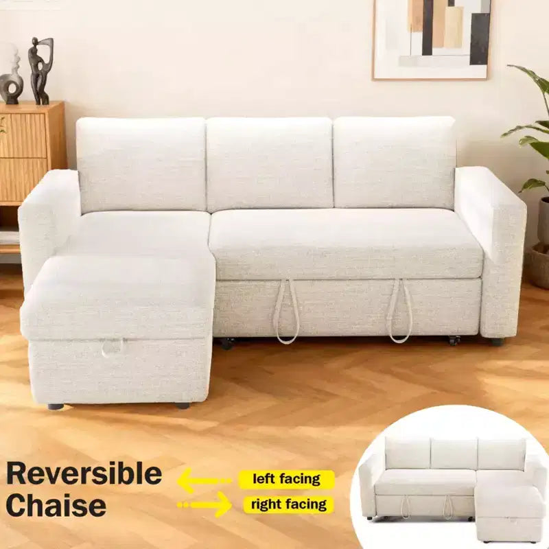 2-in-1 Schlafsofa zum Ausziehen mit Stauraum-Recamiere, Chenille-Ecksofa mit USB-Anschlüssen für das Wohnzimmer
