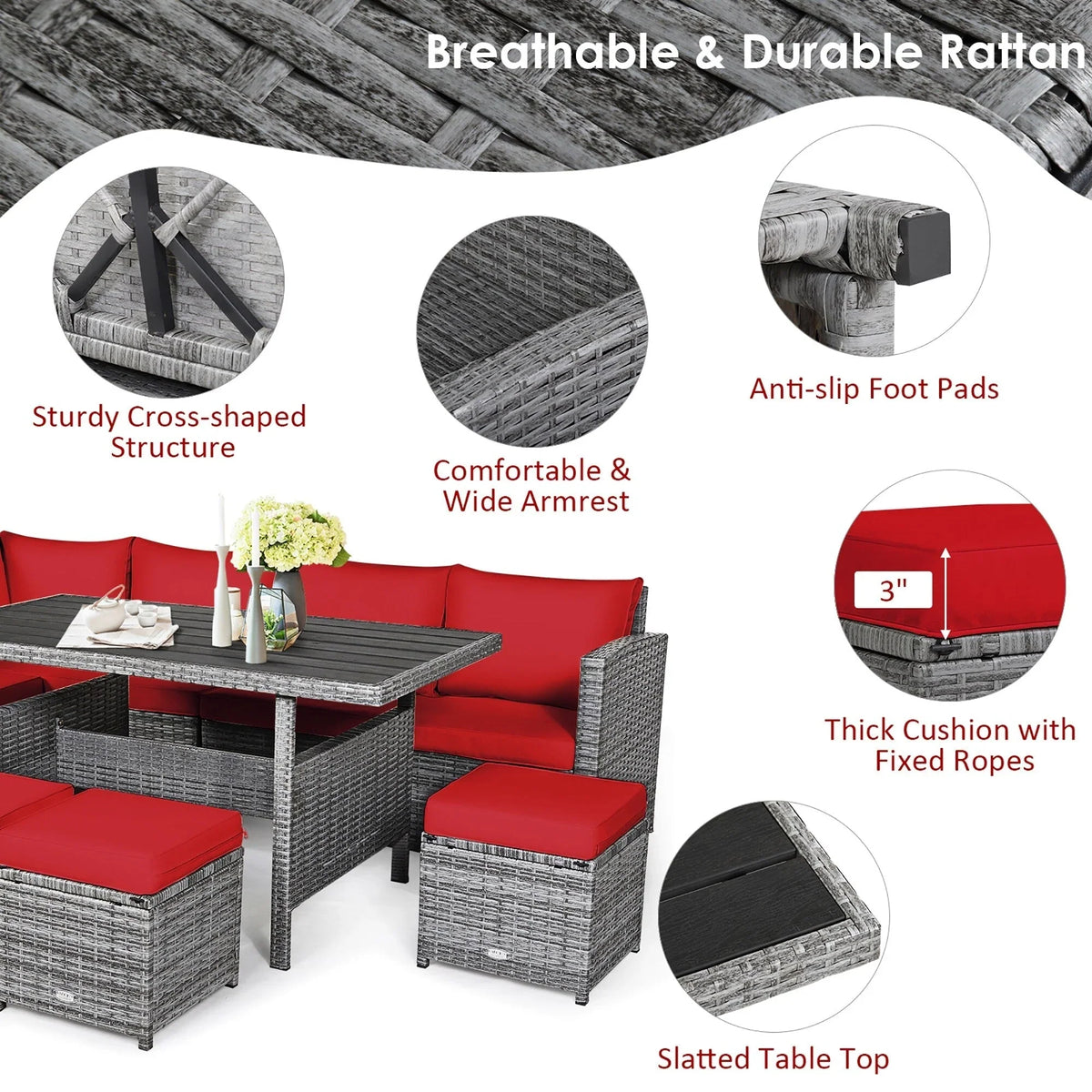 Costway 7-teiliges Terrassen-Essgruppe Rattan-Sofa Couch Ottomane – Details ansehen