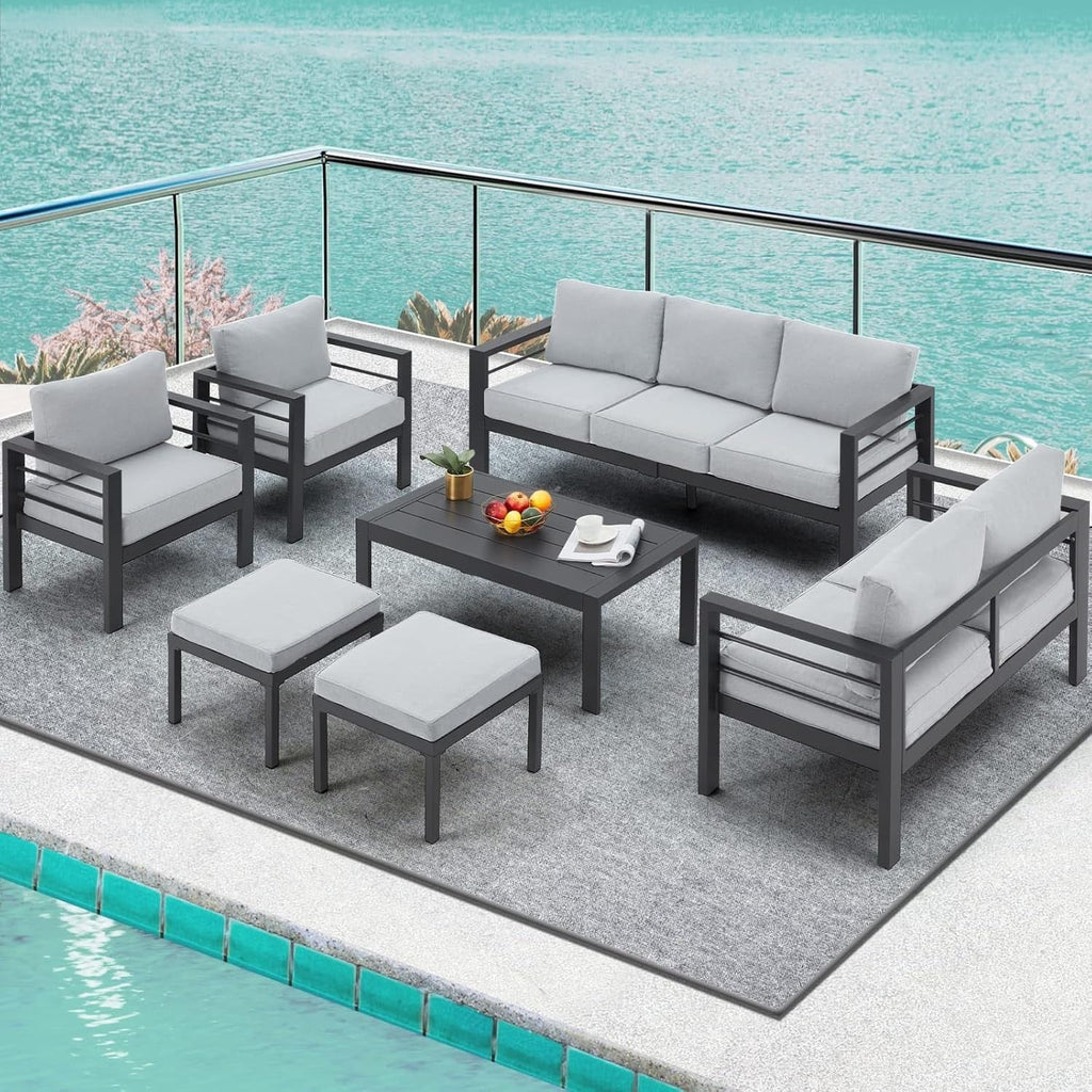 AECOJOY 7-teiliges Aluminium-Terrassenmöbel-Set Outdoor-Gesprächsgarnitur