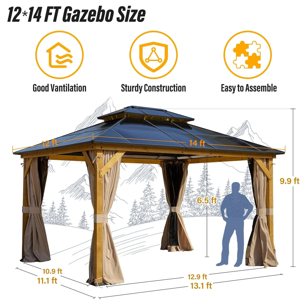 EROMMY Hardtop-Pavillon, Outdoor-Pergola mit Doppeldach & Netzen & Vorhängen, Hochleistungs-Canopy für Terrasse, Garten, Poolparty