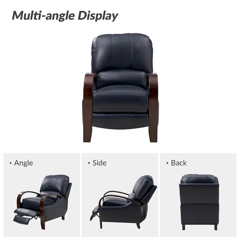 Alex Mid-Century Modern Zigarren-Sessel aus echtem Leder mit manueller Relaxfunktion und geschwungenen Holzarmlehnen