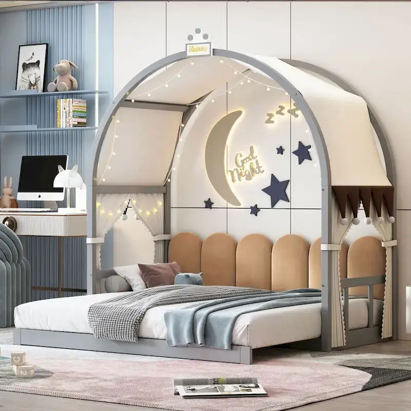Massivholz-Spielhaus-Plattformbett, Montessori-Bettrahmen mit gewölbtem Dach und Ausziehbett für Mädchen und Jungen