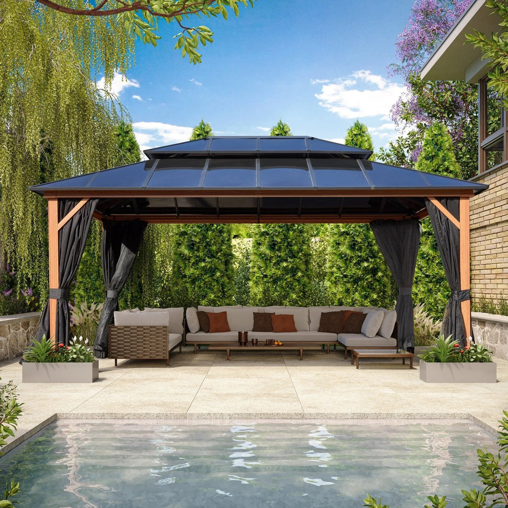 EROMMY Hardtop-Pavillon, Outdoor-Pergola mit Doppeldach & Netzen & Vorhängen, Hochleistungs-Canopy für Terrasse, Garten, Poolparty