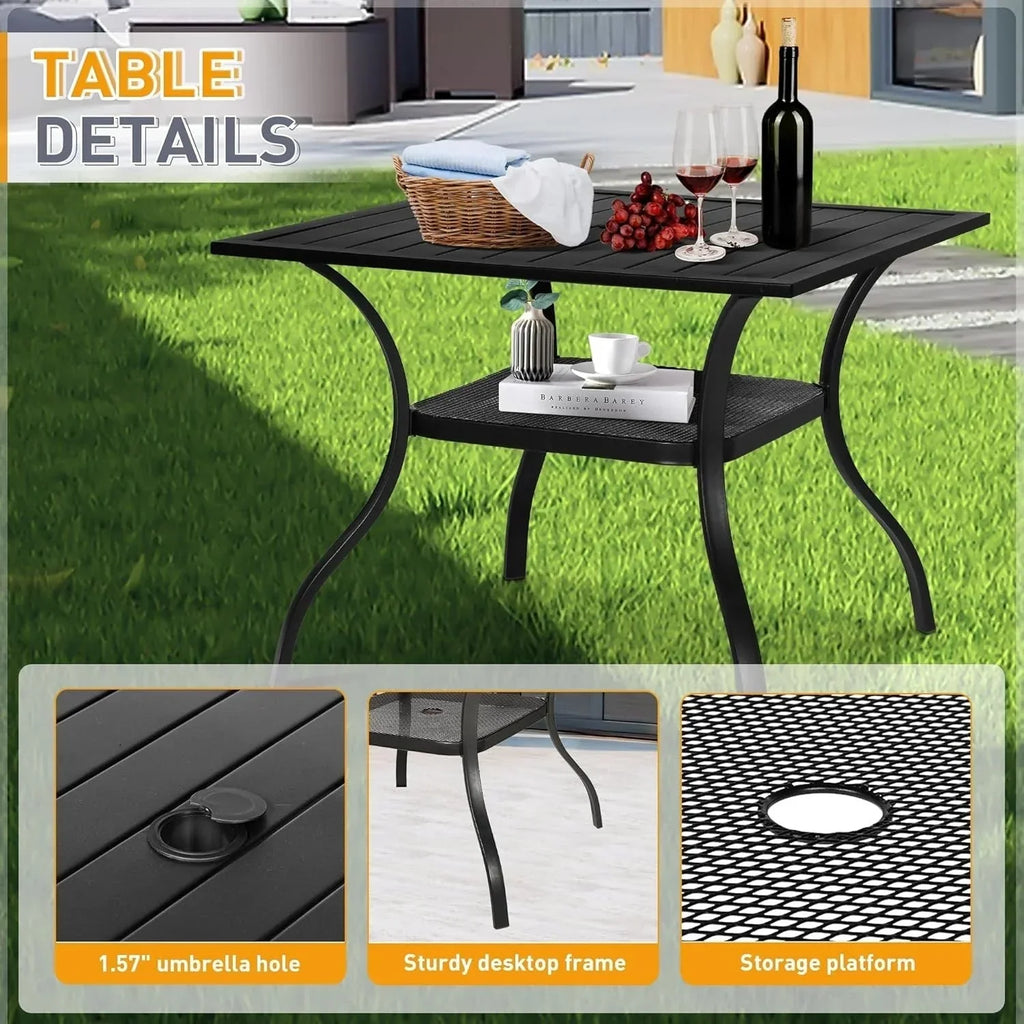 SUNCROWN Garten-Essgruppe 5/7-teilig, Stahl, Tisch mit Metalllatten und stapelbaren Stühlen, pulverbeschichteter Rahmen