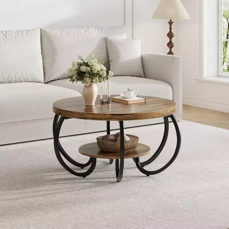 30 Zoll runder industrieller Couchtisch, 2-stöckig mit verstellbaren Füßen, Holzmaserungsablage, Flammendesign, einfache Montage, Wohnzimmer