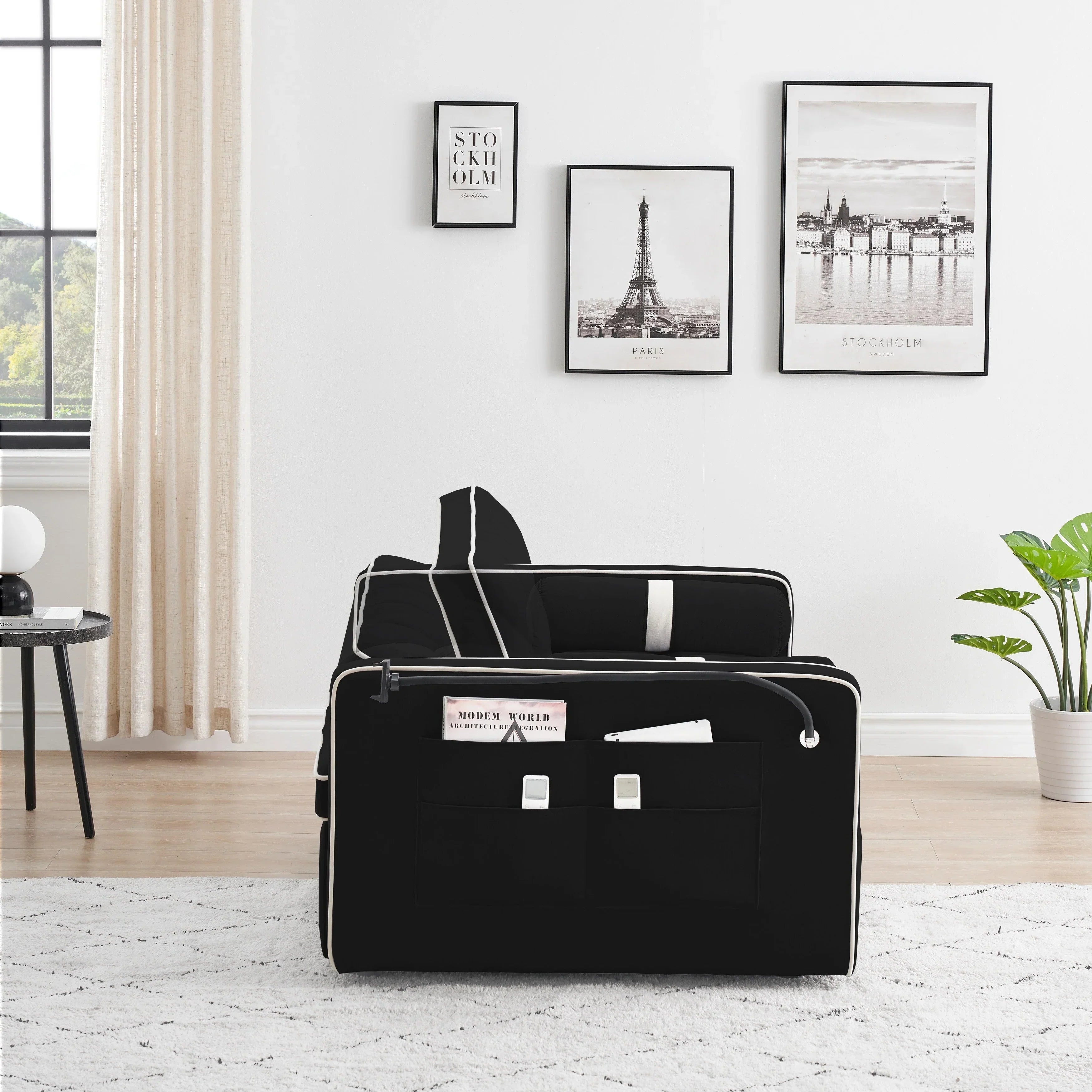 Samt-Schlafsofa zum Umbauen, 140 cm, 2-Sitzer, mit Ausziehbett, verstellbarer Rückenlehne, Seitentaschen und Handyhalterung