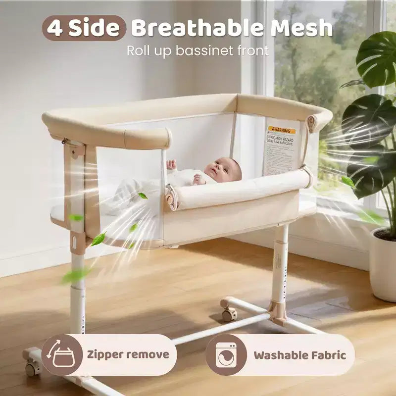 Baby-Beistellbett mit Rollen – Beige / Grau / Rosa, Bettschläfer, für 1 Baby