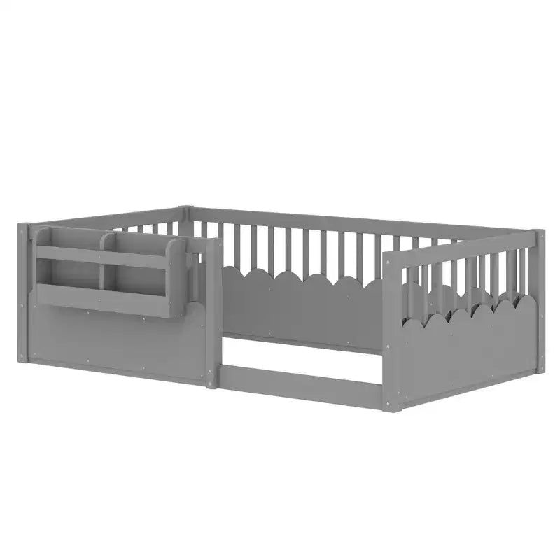 Bellemave Kinder-Bodenbett mit erhöhtem Zaun und Bücherregal, hölzernes Montessori-Bettgestell in Twin-Größe für Mädchen und Jungen