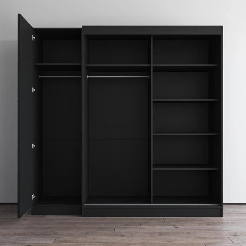 2-türiger Kleiderschrank mit Spiegel, Glasfront, 2-Personen (Grau / Schwarz / Weiß)