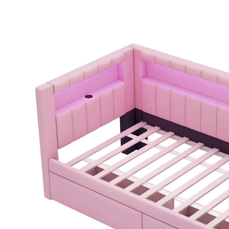 Gepolstertes Plattformbett mit USB-Anschlüssen & LED-Beleuchtung – Einzel-/Doppelbettgestell mit 2 Schubladen – Modernes Schlafzimmer