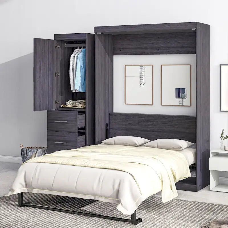 Graues klappbares Schrankbett mit Kleiderschrank & 3 Schubladen, Full/Twin, 1-Personen