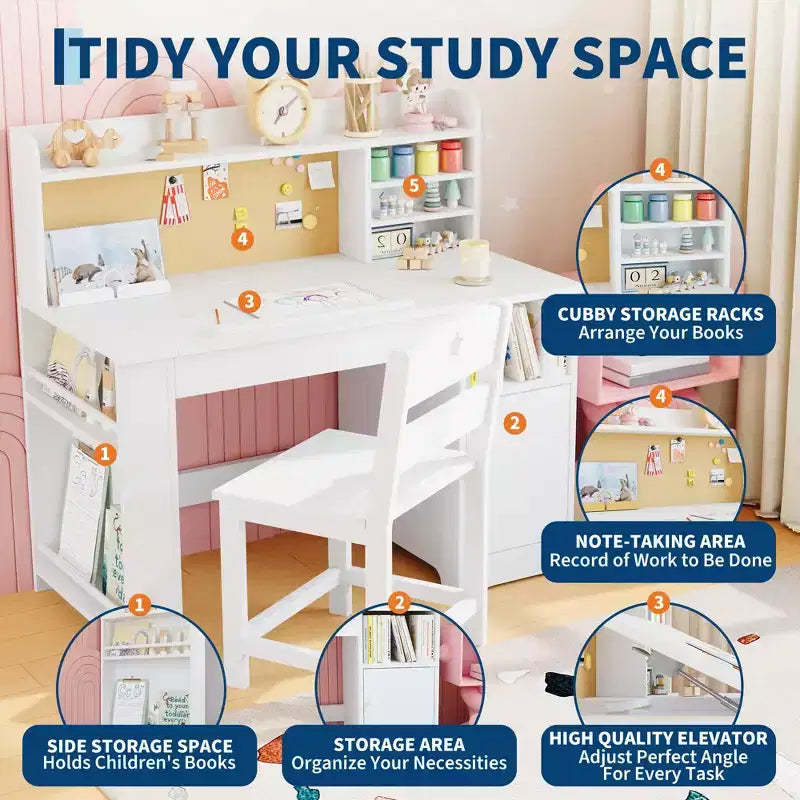 Kinder Schreibtisch & Stuhl Set mit Stauraum, Kinder Schreibtisch mit Aufsatz und neigbarer Platte, für 3-8 Jahre, Schreibtisch für Studenten im Schlafzimmer