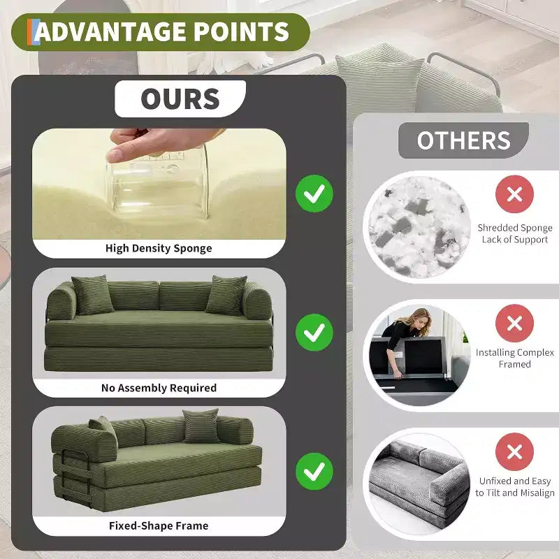 2-in-1 Schlafsofa, bequemes klappbares Cord-Schlafsofa mit tiefer Sitzfläche und breiten Armlehnen, knochenloses Sofa, für Wohnzimmer, Apartments