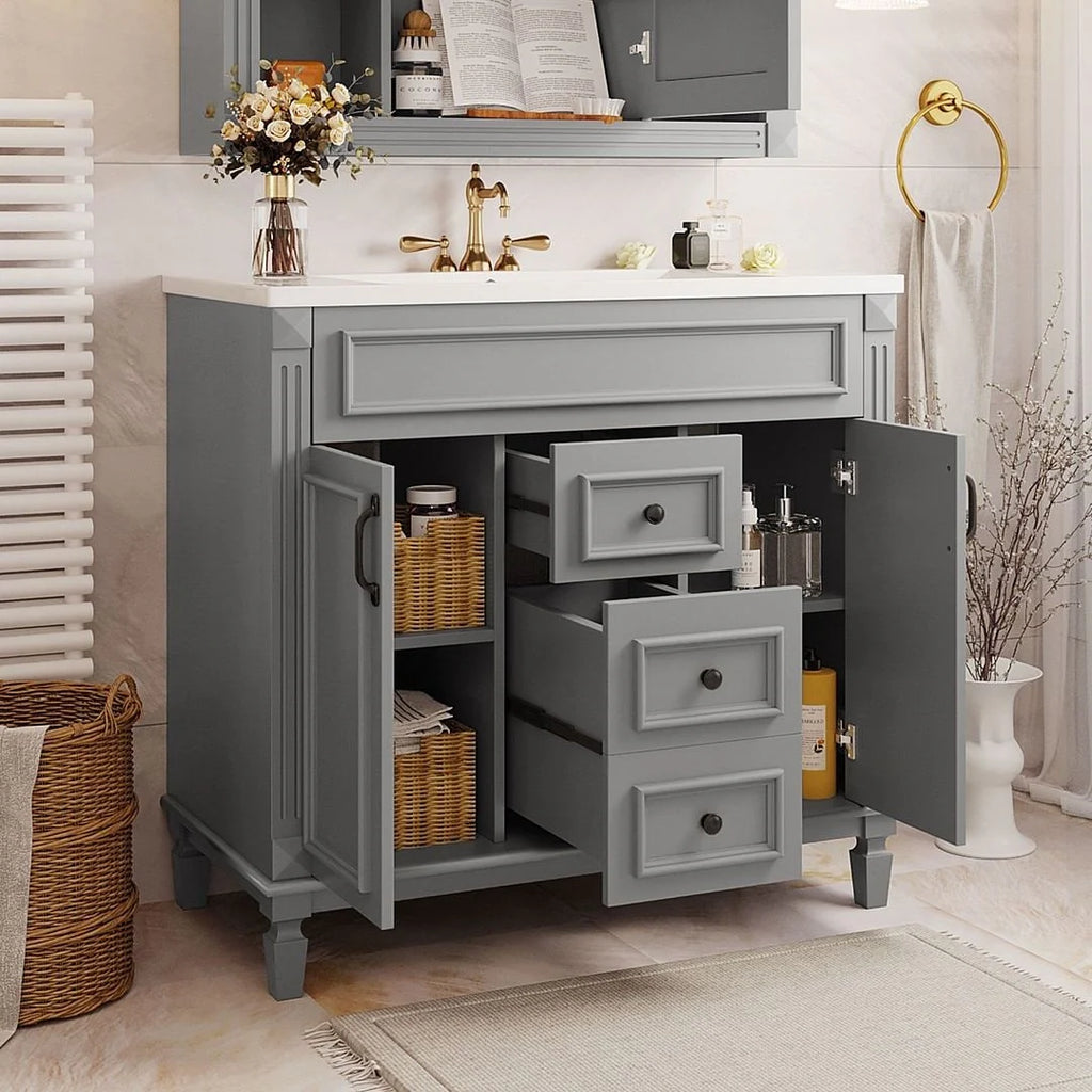 Moderner 36'' Badschrank mit Aufsatzwaschbecken und Spiegelschrank, 2 Türen und 2 Schubladen