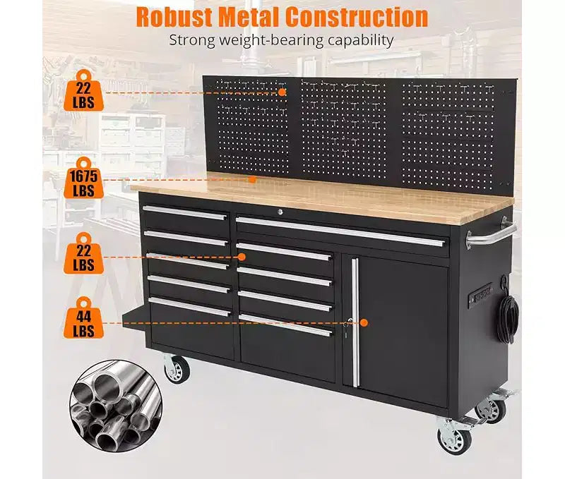 61 Zoll 10-Schubladen Rollender Werkzeugkasten & Garagen-Werkbank mit Steckdosenleiste, Massivholzplatte aus Gummi, 1675 LBS Tragkraft Schwerlast-Mobile Arbeitsstation Schrank