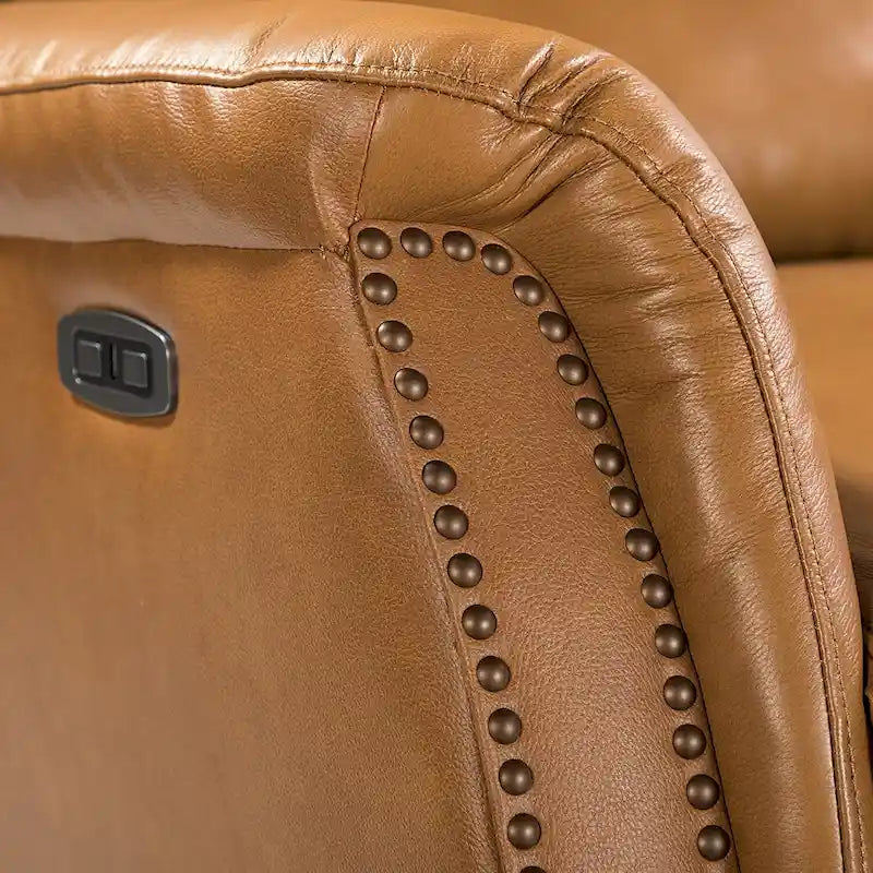 Elektrischer Relaxsessel aus Echtleder mit USB-Anschluss – Ohrensessel mit Nagelkopfbeschlägen, 2er-Set