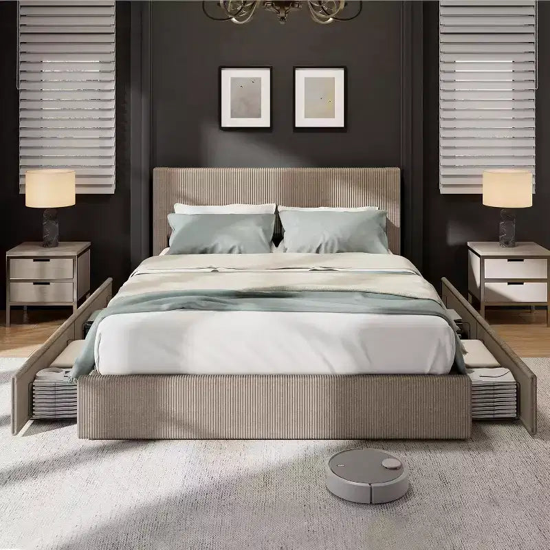 CuisinSmart Corduroy-Bettrahmen mit Kopfteil, gepolsterter Plattform-Bettrahmen mit 4 Schubladen und Holzlattenrostunterstützung