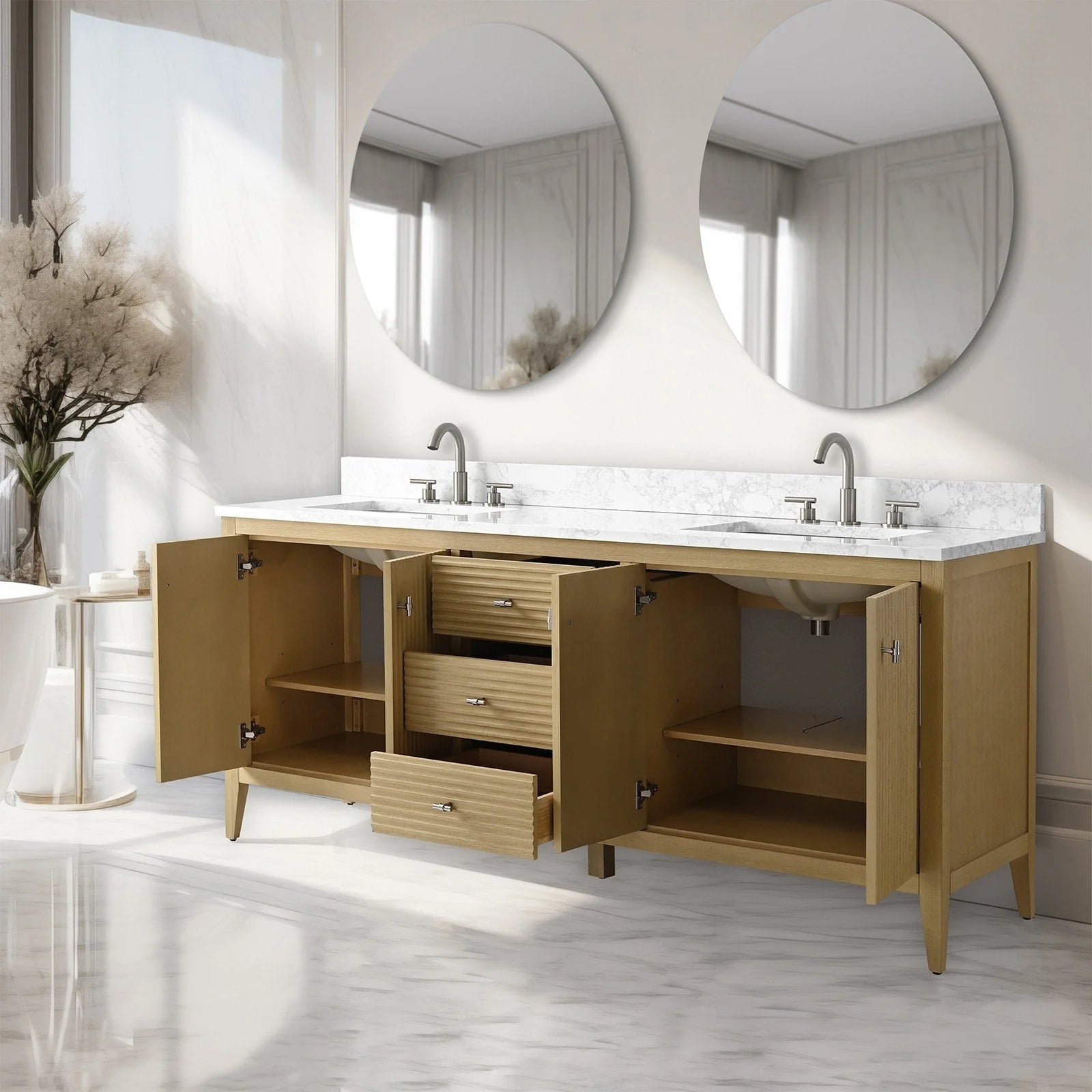 Vanity Art 72 Zoll Badezimmer-Waschtischunterschrank mit Doppelwaschbecken und Kunstmarmorplatte