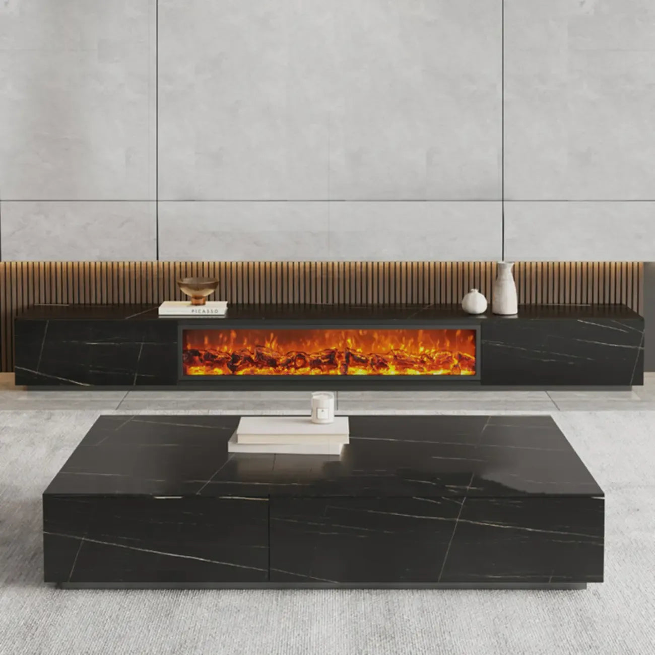 87 Rechteckiger schwarzer elektrischer Kamin-TV-Ständer aus Stein mit Beleuchtung
