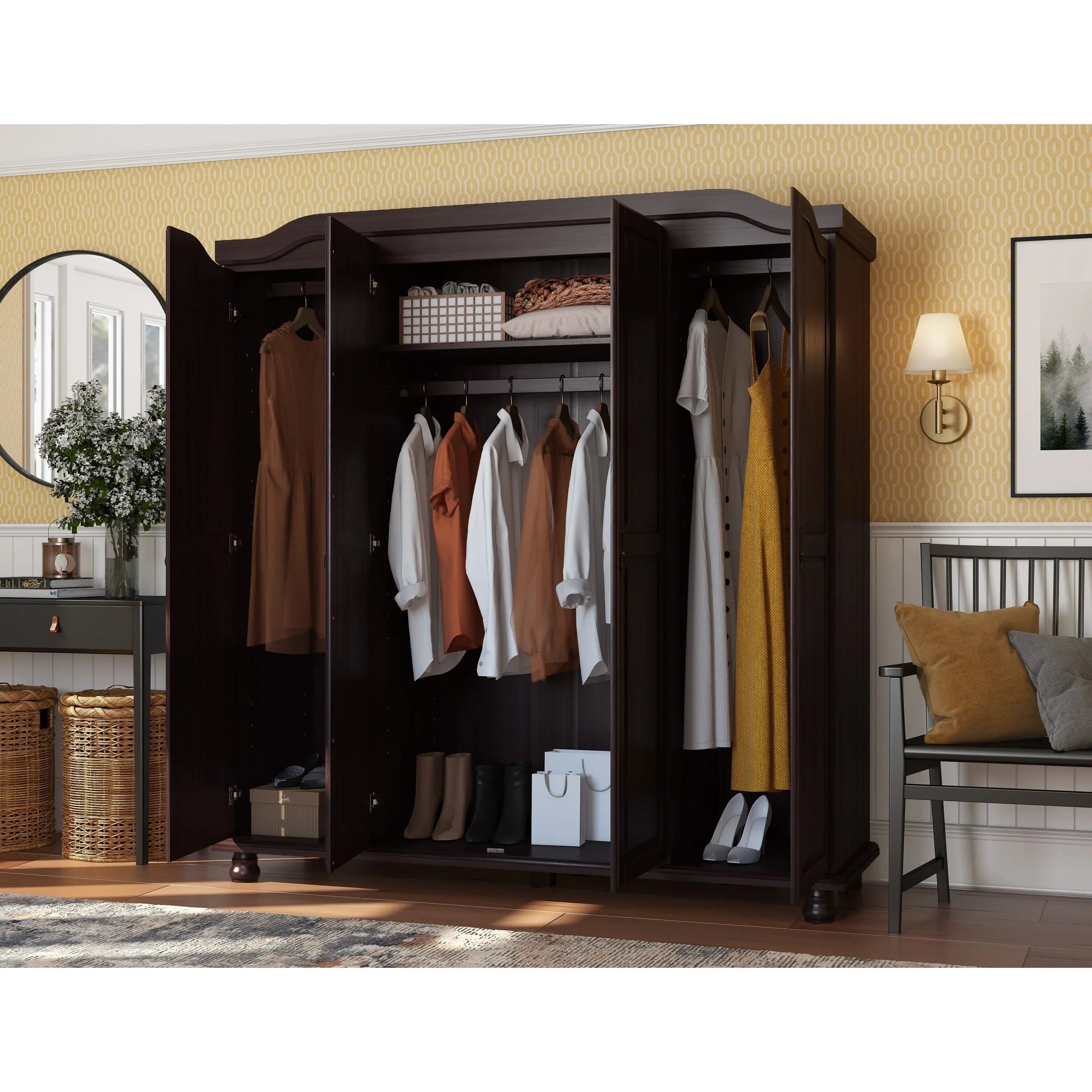 Palace Imports Kyle Kleiderschrank mit 4 Türen aus 100 % Massivholz und Massivholz- oder Spiegeltüren