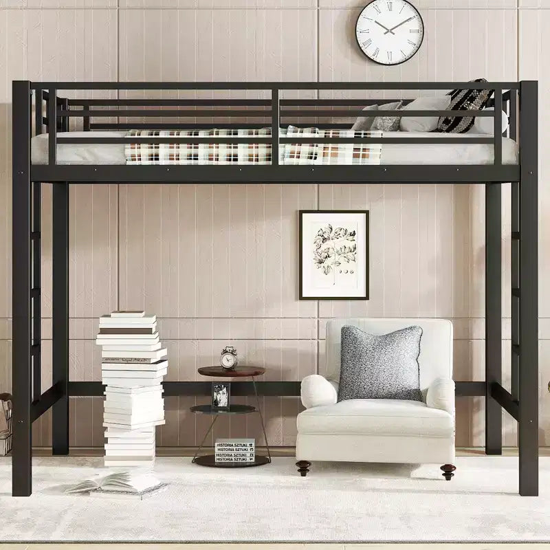 Metall-Hochbett, platzsparendes Hochbettgestell mit zwei Leitern und Schutzgittern, Schwarz – ModernLuxe