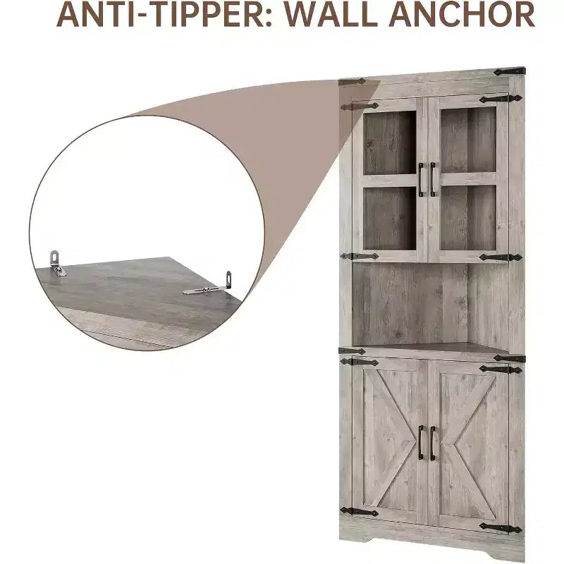 69" Hoher Eckschrank, Bauernhaus-Eckschrank, platzsparender Stauraum, Glastür, verstellbare Einlegeböden, für Wohnzimmer, Küche