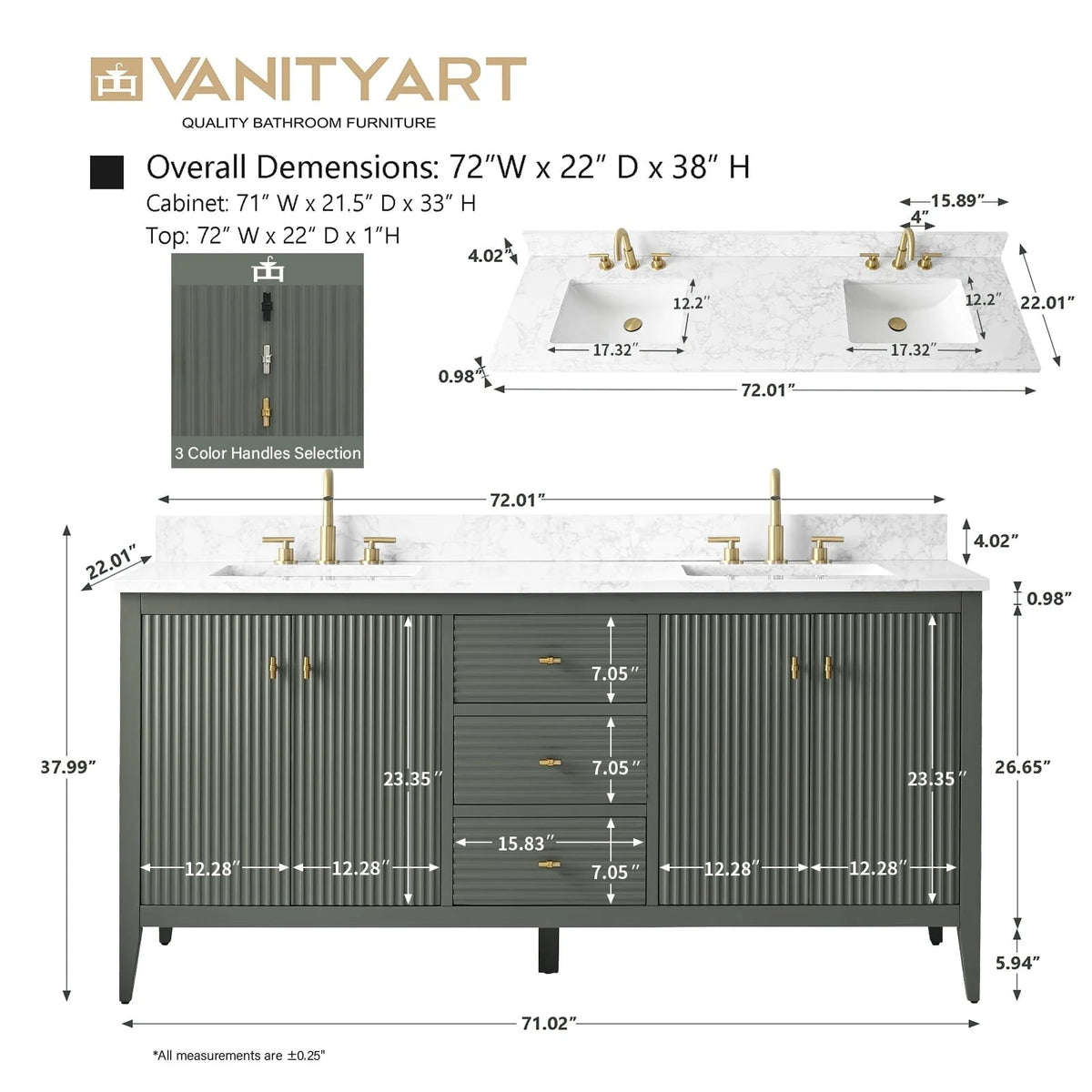 Vanity Art 72 Zoll Badezimmer-Waschtischunterschrank mit Doppelwaschbecken und Kunstmarmorplatte