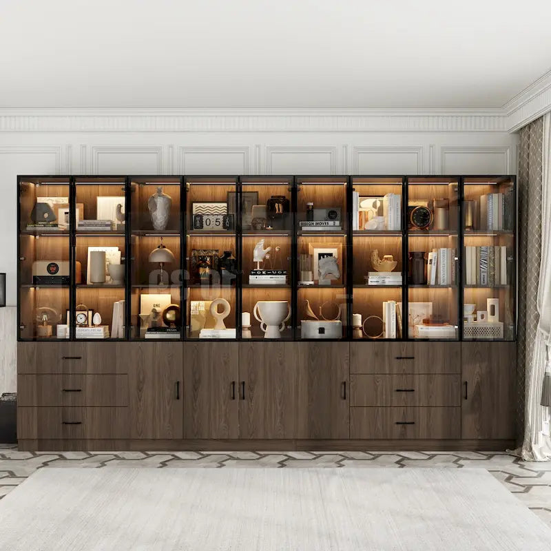 Beleuchteter Aluminium-Glas-Schrank, anpassbar als Buffet/Bücherregal